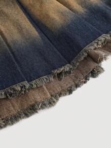 SHEIN Girlism Minigonna in jeans lavato blu vintage di stile Y2K con vita bassa, pieghe, orlo grezzo e dettagli fiocco per ragazze adolescenti - Blu lavato scuro - Visualizzare 3