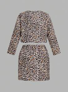 SHEIN Frenchy Plus Size Women's Leopard Print Bow Decor Long Sleeve Top And Skirt Set, Fashion Outfit For Autumn