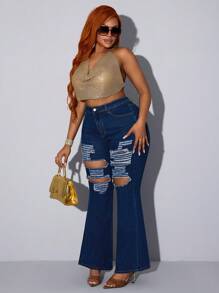 Slaydiva Plus Size Women Elastic Denim Sexy Distressed Flare Jeans - Blue - View 4