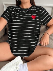 SHEIN EZwear Plus Size Women's Heart Embroidery Striped Knit T-Shirt, For Summer - Black - View 4