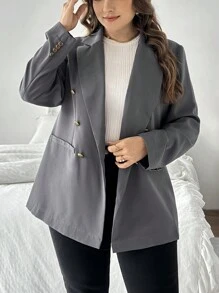 SHEIN Privé Blazer noir taillé pour femmes grandes tailles avec décorations métalliques et fausses poches. Décontracté et confortable pour le printemps et l'automne - Gris foncé - Voir 1