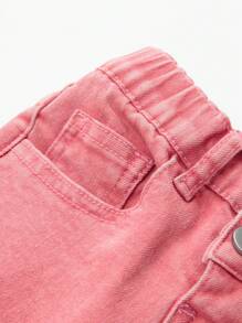 YOUNG GIRL Basic Casual Daily Dopamine Stone-Washed Asymmetric Waist Ripped Jeans - Pink - View 3