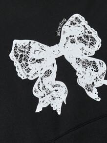 SHEIN EZwear 女士休闲蝴蝶结图案撞色蕾丝宽松运动衫连帽衫 - 黑色 - 查看 4