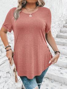 SHEIN Clasi Plus Size Women Side Button Decor Solid Color Short Sleeve Casual T-Shirt - Pink - View 3