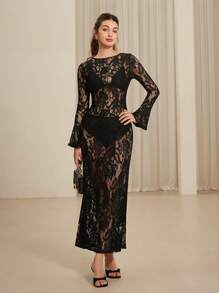 Aveloria Rosie Robe en dentelle transparente à manches évasées, col rond, taille élastique, élégante et sexy. Gracieuse pour les dames au printemps/été, Saint-Valentin