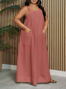 Slaydiva Vestido largo fluido y suelto de línea A con bolsillos, sin mangas, de color blanco sólido, elegante y casual, para vacaciones, para mujeres de talla grande, para primavera/verano - Color caoba - Ver 6