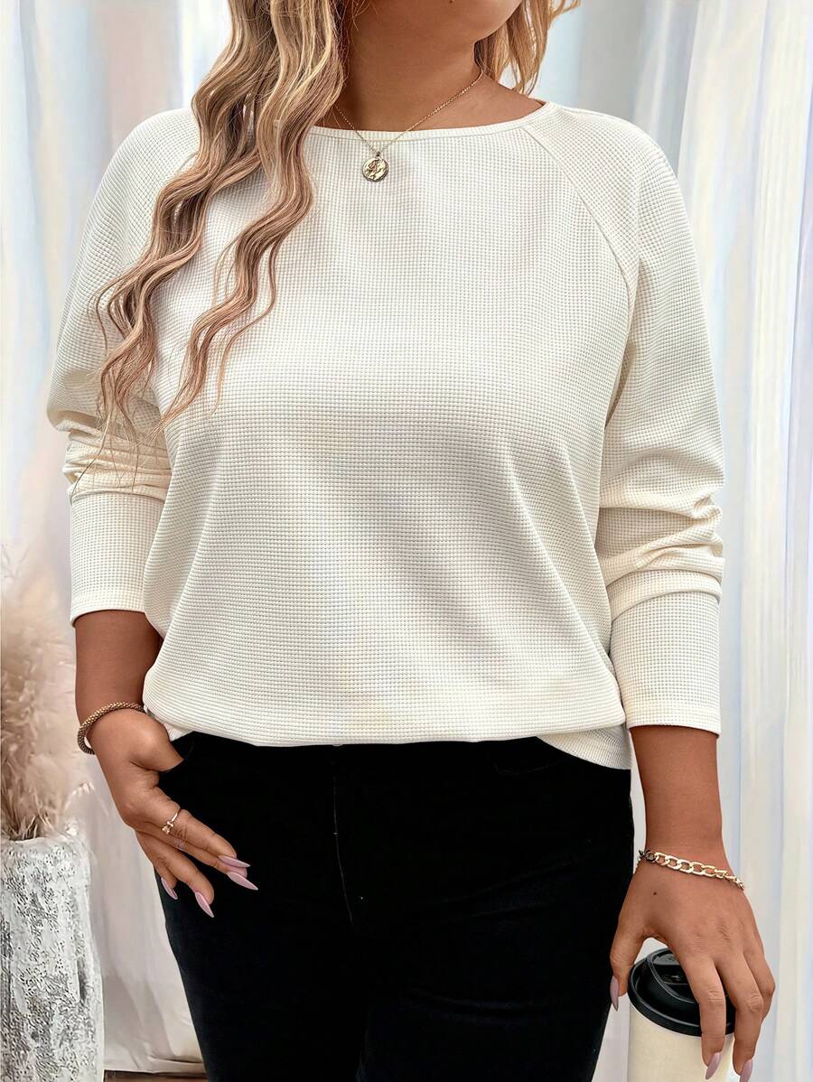 SHEIN LUNE Plus Size Women's Solid Color Round Neck Long Sleeve Casual Top