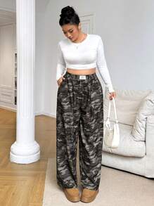 SHEIN EZwear Camouflagepatroon Hoge taille Rechte pijp Plus Size Broek