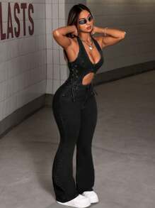 SHEIN ICON 女士侧腰系带镂空喇叭休闲牛仔连体裤 - 黑色 - 查看 4