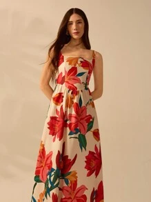 CAJUNI 女式波西米亚风彩色热带花卉印花细肩带休闲连衣裙，适合夏季度假 - 彩色 - 查看 5