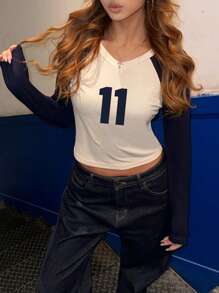 INAWLY 女式休闲 V 领长袖 T 恤，带数字印花色块，秋季图案 T 恤女式春季上衣