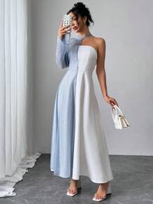 SHEIN Privé Light Blue And White,Autumn,Elegant,Formal Women's Mesh Overlay Single Bell-Sleeve Strapless A-Line Dress Luxurious New Year Party Date - Blue and White - View 2