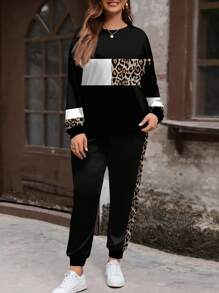 SHEIN LUNE Set de 2 piezas Outfit casual minimalista con estampado de leopardo para talla grande, otoño/invierno