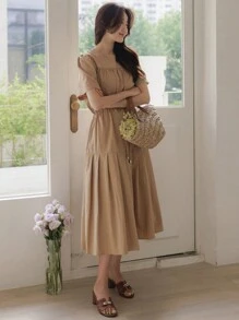 DAZY 优雅修身长裙，成熟时尚风格女士连衣裙 - 卡其色 - 查看 3
