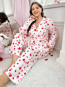 2 件大码情人节拼色心形印花翻领长袖上衣和裤子睡衣套装 - 彩色 - 查看 5