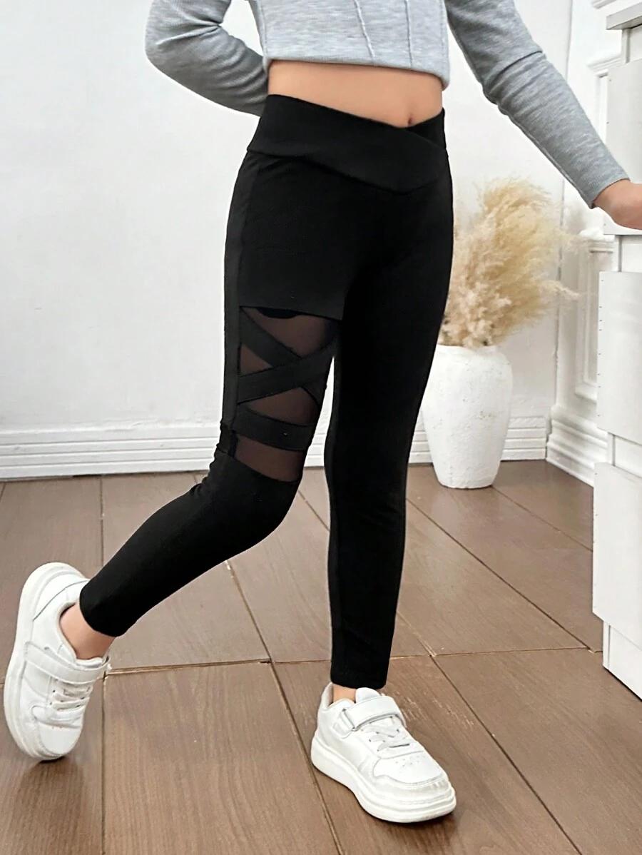 年轻女孩网眼撞色高腰紧身裤，日常休闲穿着，非常适合休闲和日常穿着以及学校日常穿着，百搭，妈妈和女儿搭配