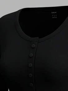 SHEIN EZwear Blusa básica de mujer de manga larga ajustada con botones delanteros, para uso casual diario en primavera