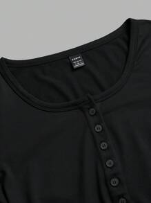 SHEIN EZwear Blusa básica de mujer de manga larga ajustada con botones delanteros, para uso casual diario en primavera