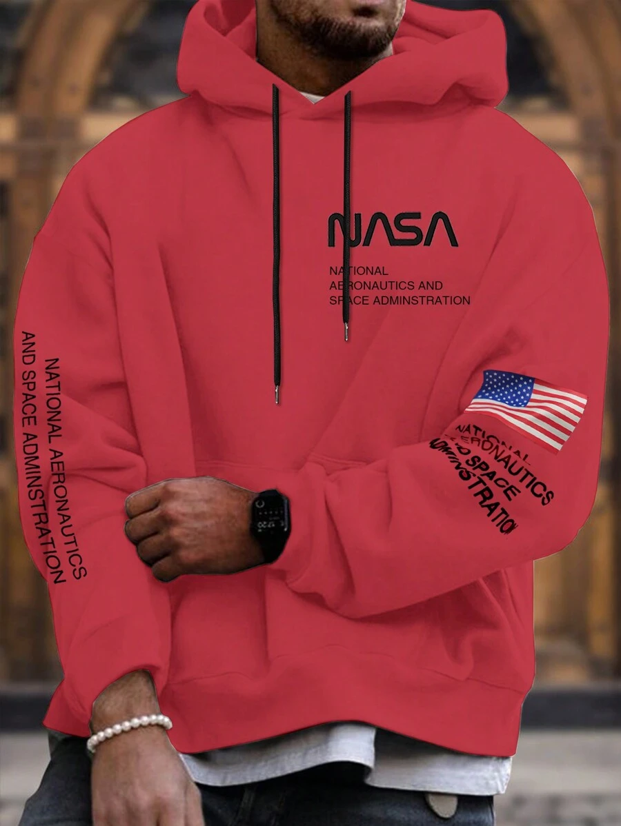 Manfinity Homme Loose Fit Men's Slogan Graphic Kangaroo Pocket Drawstring Hoodie - Hot Pink - View 1