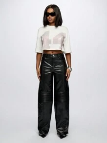 SUMWON WOMEN 聚氨酯直筒拼接机车裤