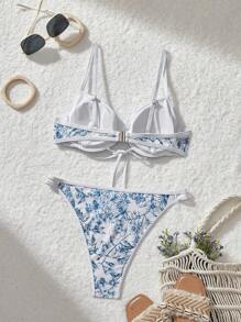 SHEIN MOD Conjunto de ropa de baño con estampado floral para mujer, conjunto de vacaciones, conjunto de vacaciones, conjunto sexy de mujer para cruceros, para el Día de San Valentín para las vacaciones de verano en la playa