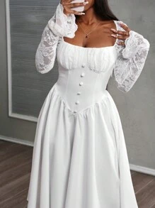 Slaydiva Vierkante hals kanten mouw mid-calf formele feestjurk - Zwart - M