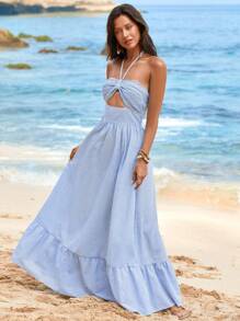 SHEIN VCAY Sleeveless Backless Dress For Women - Blue and White - View 1