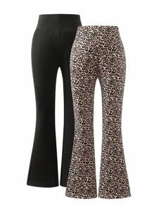 2pcs/Set Teen Girls Leopard Print + Black Flared Pants - Multicolor - View 2