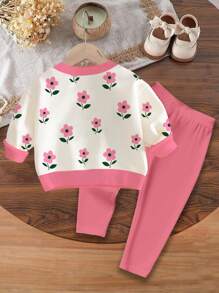 SHEIN Happikins Cute & Sweet Cartoon Flower Print Soft Thick Baby Girl Casual Crew Neck Long Sleeve Sweatshirt And Leggings Set, Suitable For Autumn/Winter - Multicolor - View 3