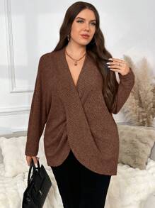SHEIN Frenchy Plus Size V-Neck Long Sleeve Casual Elegant Overlap T-Shirt