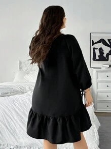 SHEIN Privé Plus Size V-Neck Shirt Style Short Loose A-Line Ruffle Hem Long Sleeve Casual Spring Autumn Dress, Women's Linen Black Midi Dress - Black - View 4