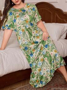 Trezura Camisón con manga corta, estampado floral y ribete con volantes para tallas grandes