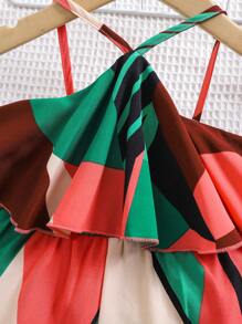 SHEIN Babygirl Summer Vacation Casual Floral Print Ruffle Trim Halter Neck Romper, Lightweight - Multicolor - View 6