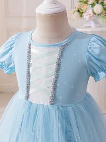 Glamorique Kids Baby Girl Princess Print Knitted Mesh Dress, Suitable For Stage Performance, Daily Wear - Blue - View 7