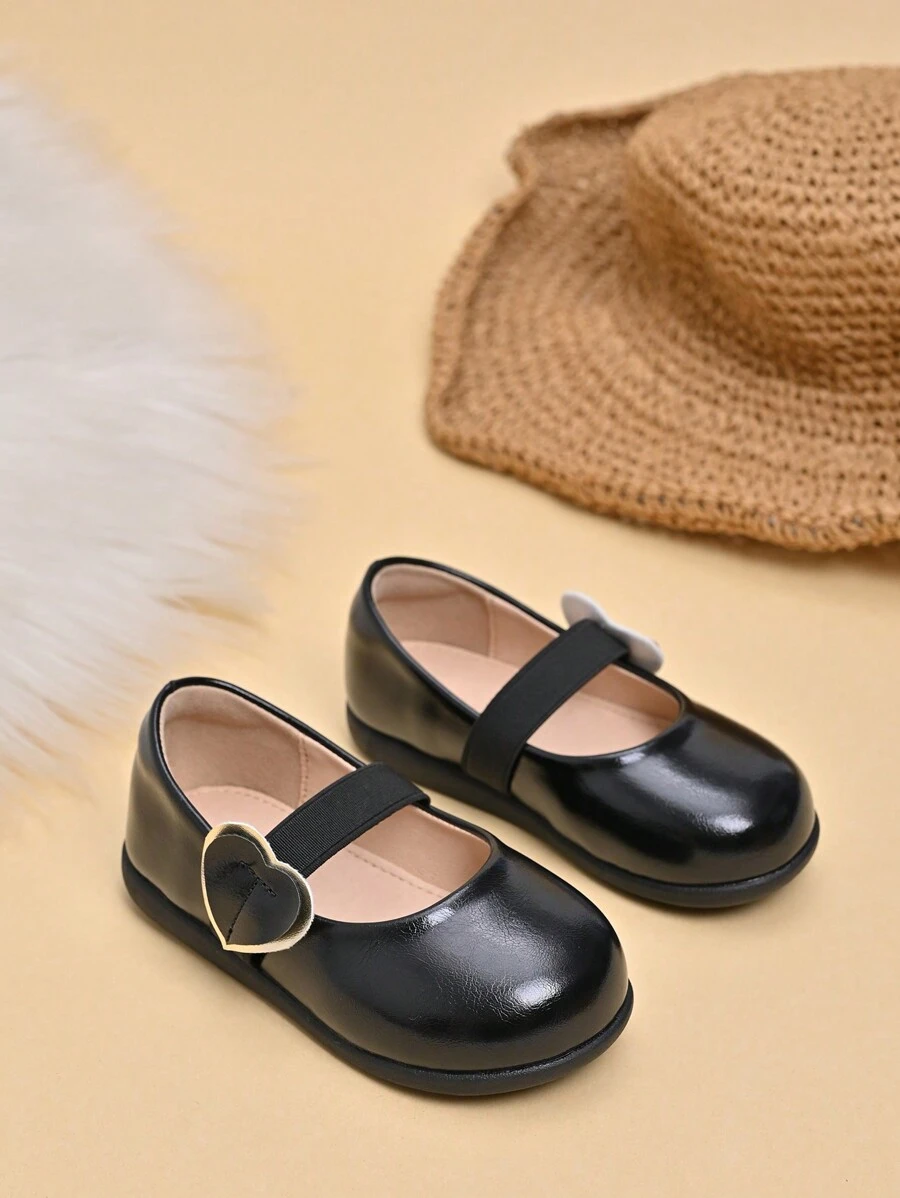 Toddler Girls' Comfortable Versatile Elastic Band Heart Design Princess Flat Shoes, Suitable For Spring And Summer - Black - View 1