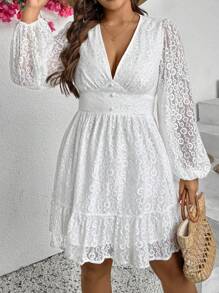 SHEIN VCAY Plus Size Vacation Sexy Lace Fabric Sheer Sleeve Design Elegant Romantic Short Dress
