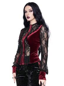 ROMWE Goth 复古浪漫哥特式宫廷风蕾丝拼布天鹅绒女式衬衫