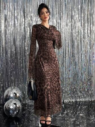 Rafferiza Women's Leopard Print Plunge Neck Flare Sleeve Bodycon Dress Maxi Women Outfit Fall Cloth For Women