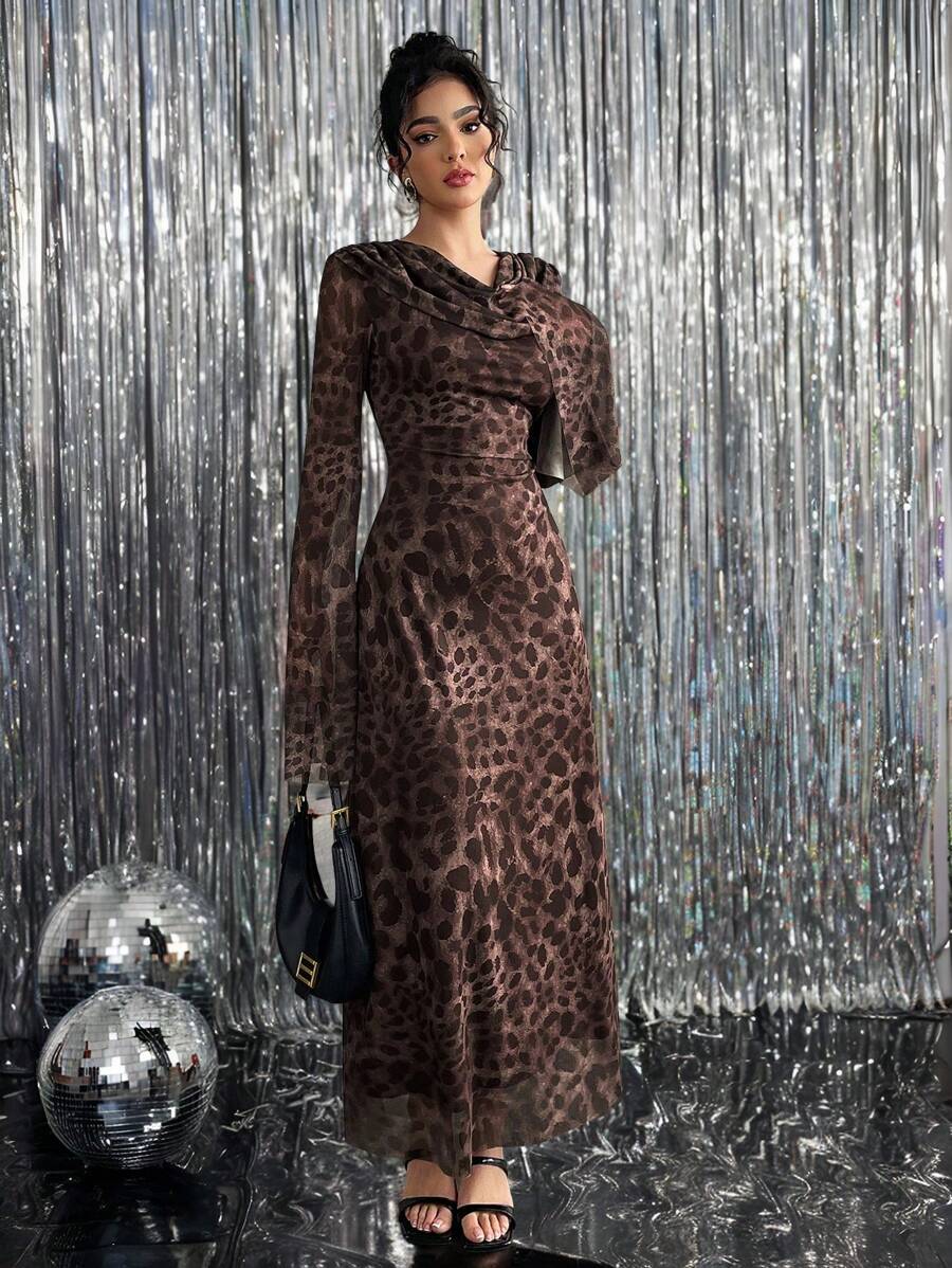 Rafferiza 女式豹纹印花深 V 领喇叭袖紧身连衣裙长款女装