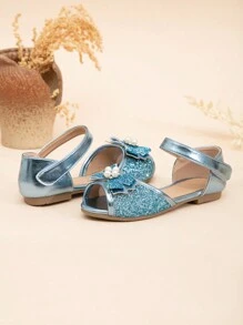 Girls Glitter Patent Faux Leather Pearl Rhinestone Bowknot Decor Open Toe Flat Princess Sandals - Blue - View 3