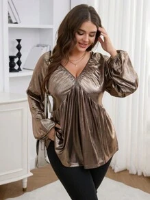 SHEIN LUNE Blusa de manga larga con cuello en V, textura acanalada y manga acampanada en talla grande para Año Nuevo, Acción de Gracias y Nochevieja