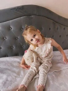 Cozy Pixies 女婴花朵图案圆领荷叶边上衣和长裤套装 - 杏色 - 查看 12