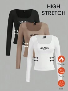 SHEIN EZwear 3 件装休闲简约米兰意大利图案短袖短款 T 恤，修身版型，适合夏季 - 彩色 - 查看 1