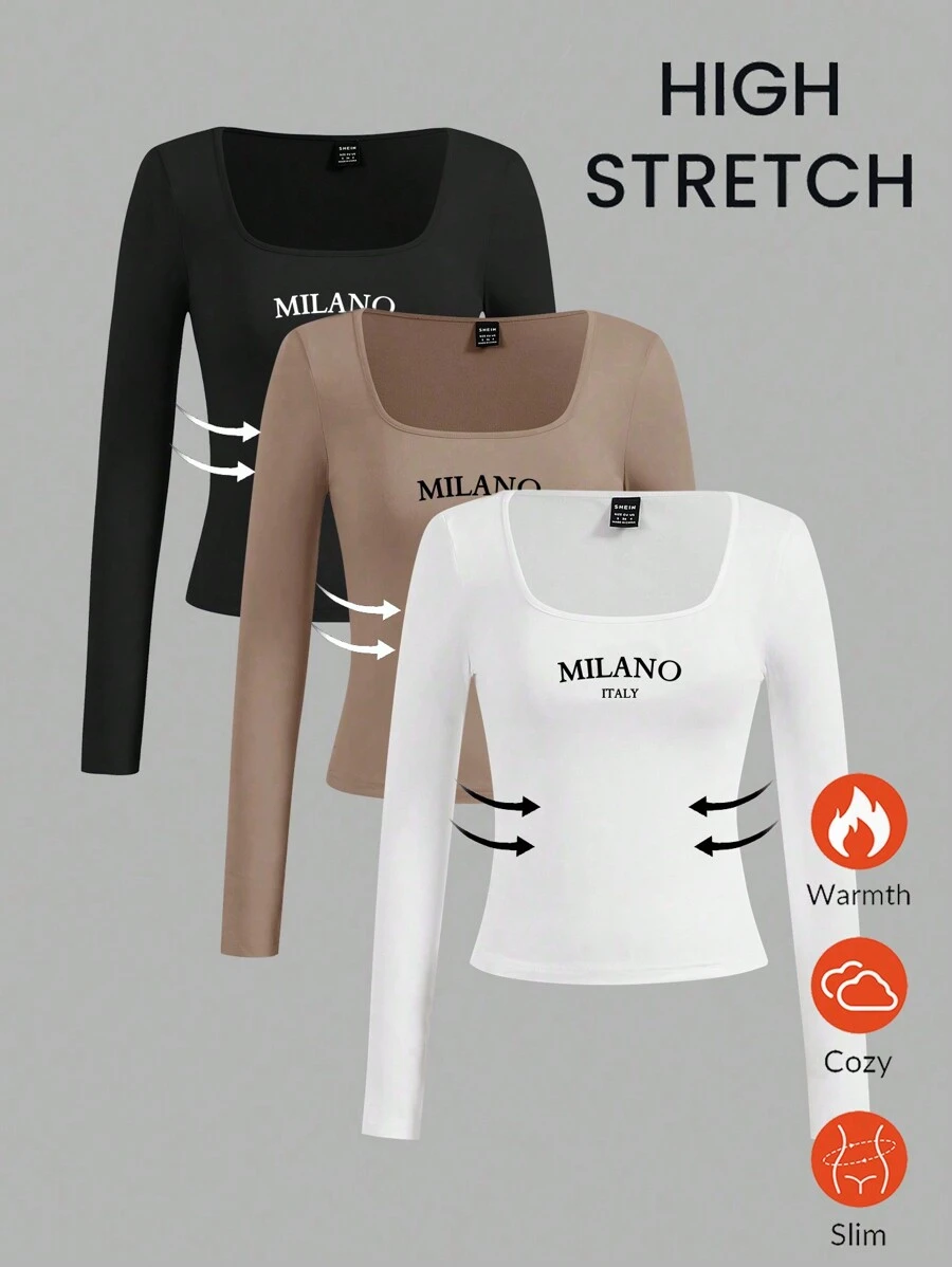 SHEIN EZwear 3 件装休闲简约米兰意大利图案短袖短款 T 恤，修身版型，适合夏季 - 彩色 - 查看 1