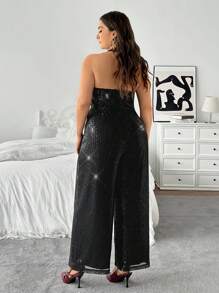 SHEIN Privé Sequin Halter Jumpsuit With Wide Leg, Black, Plus Size, Perfect For Valentine's Day Party, New Year's Party, Dinner, Important Occasions, New Arrival