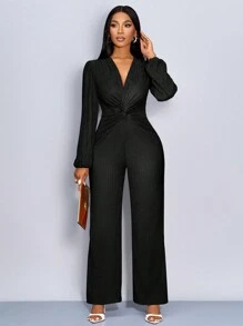 SOLERSUN Twist Knotted Deep V-Neck Long Sleeve Jumpsuit Fall Cloth For Women - Black - View 4