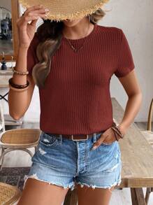 SHEIN Frenchy 女士纯色圆领短袖简约休闲上衣 - 紅木色 - 查看 3