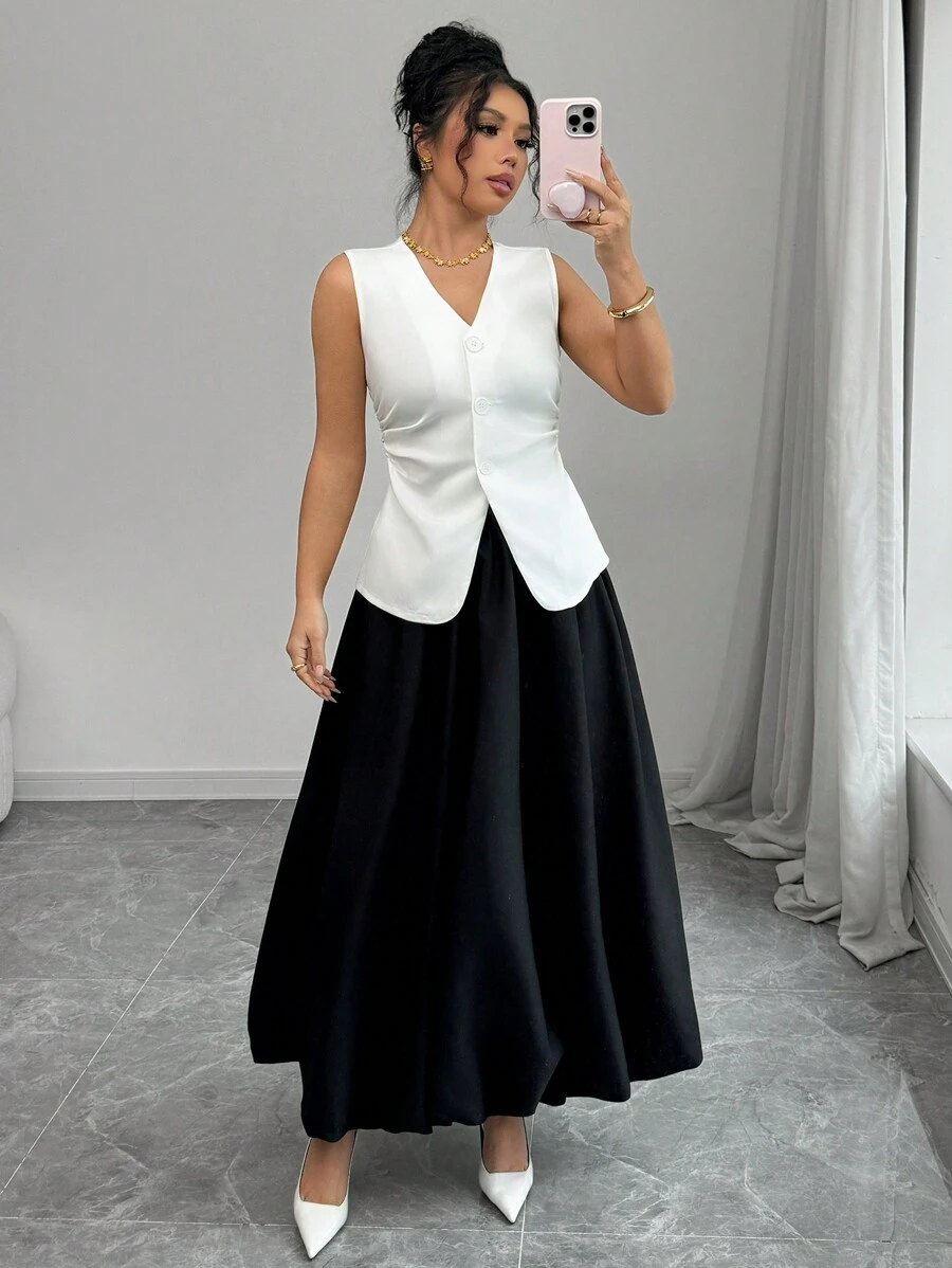 Chiquease Sleeveless Top & Ruffle Hem Long Skirt Casual Elegant Dress Set - Black and White - View 1