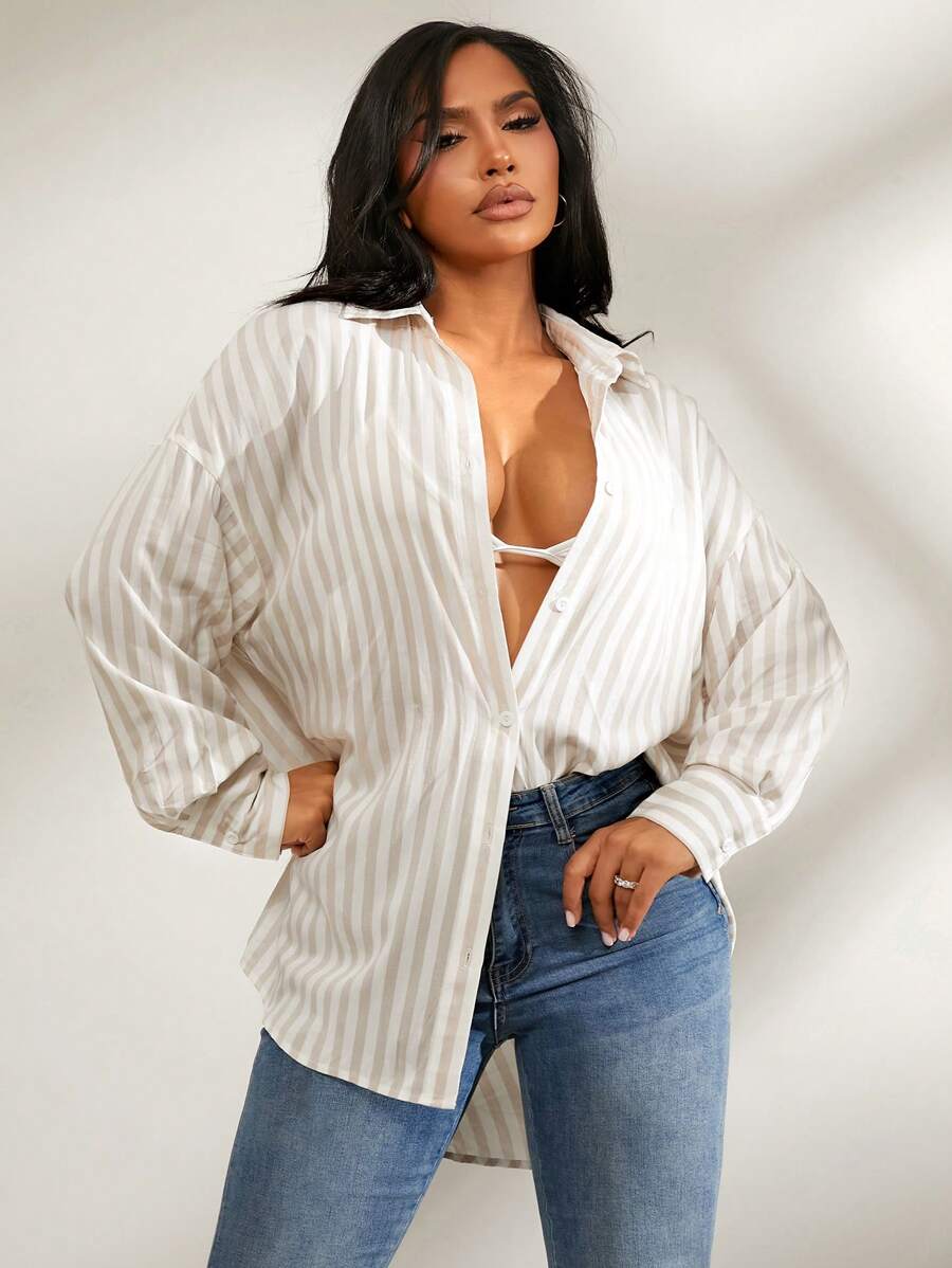 SHEIN SXY 宽松条纹休闲舒适女式衬衫，百搭日常和户外穿着