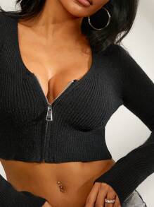 SHEIN SXY Asymmetric Butterfly Sleeve Cropped Metallic Zipper Cardigan, Versatile Knitted - Black - View 3